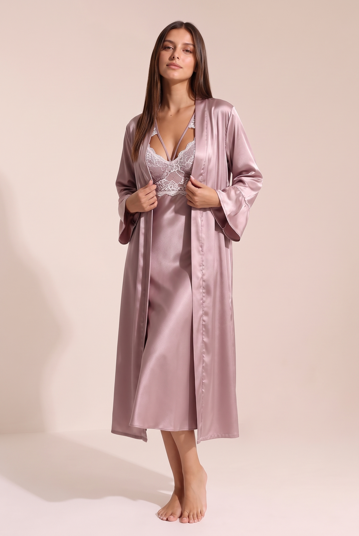Ensemble Margaux - peignoir satin mauve