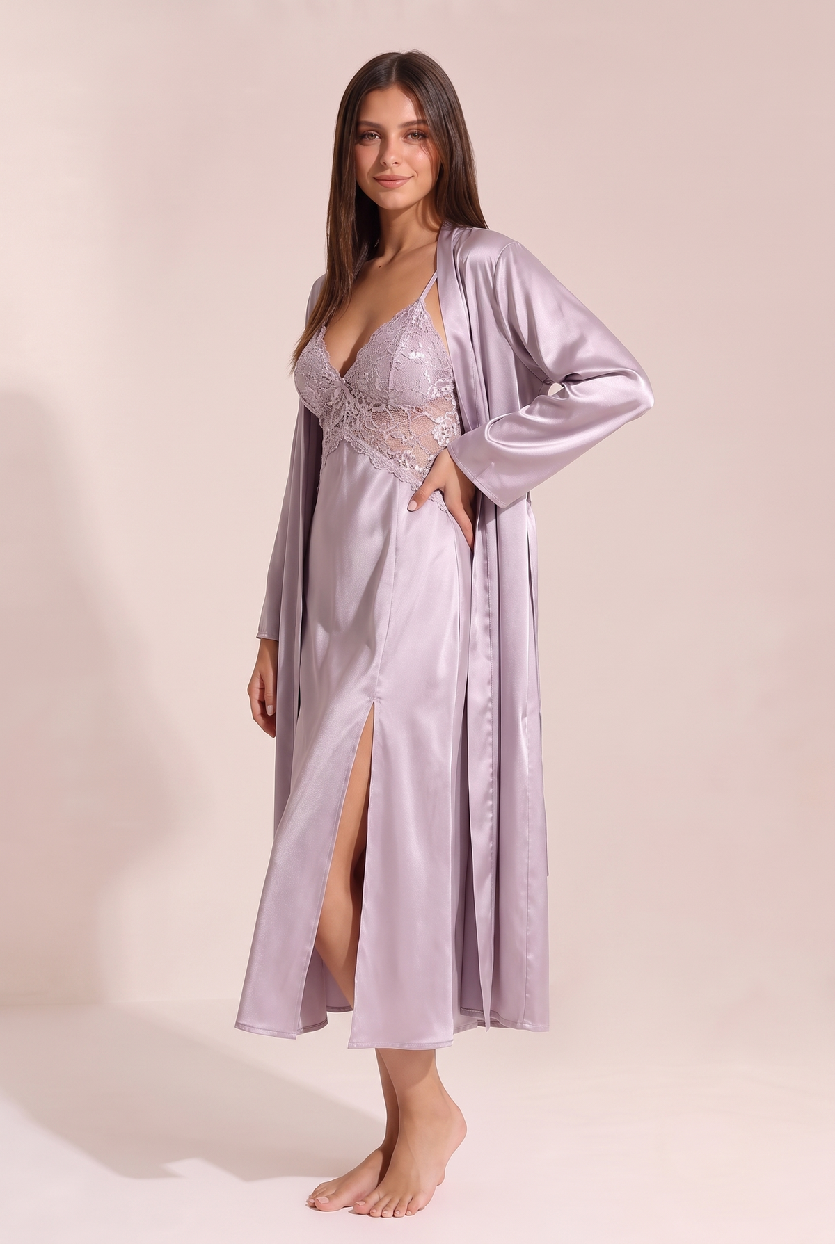 Ensemble Iris satin lilas - profil trois-quarts