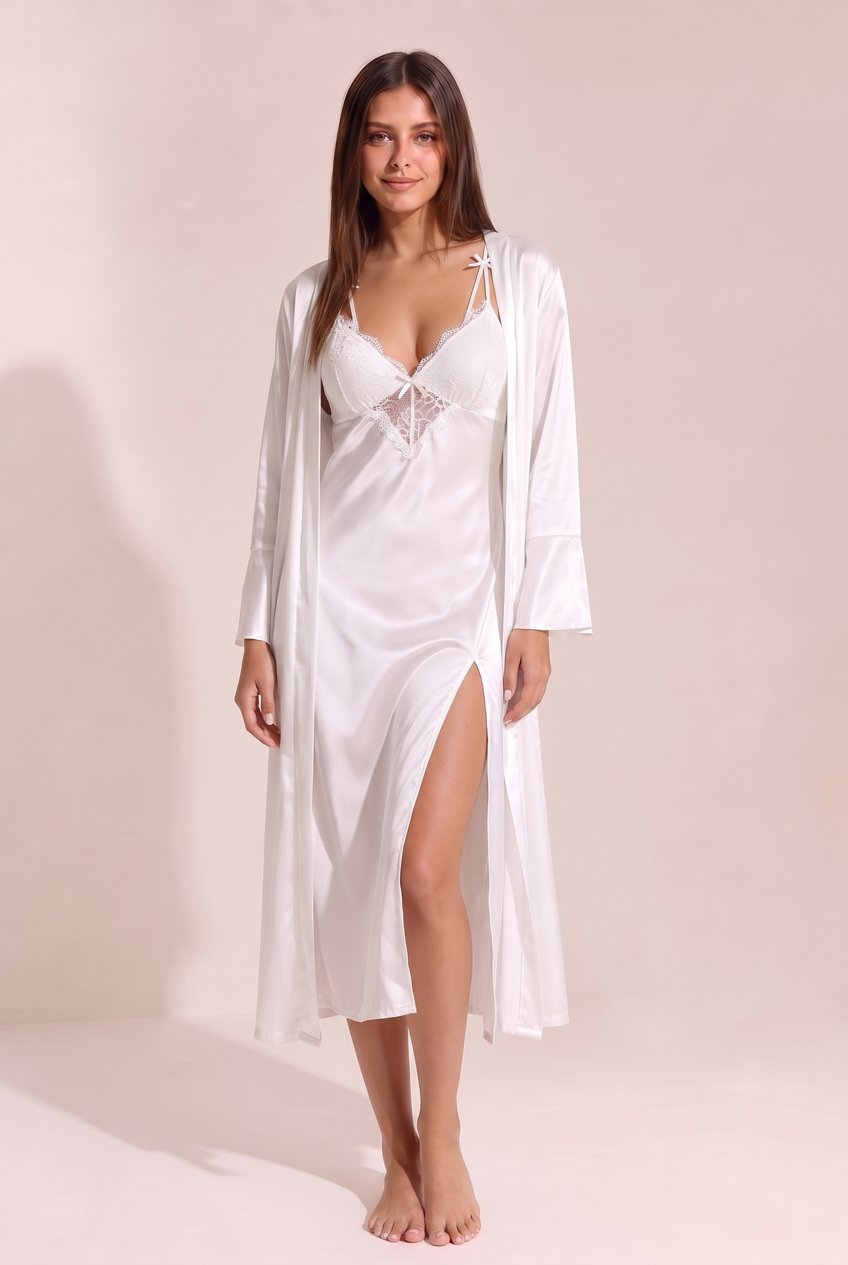 Ensemble Diane nuisette longue satin blanc décolleté V - vue de face